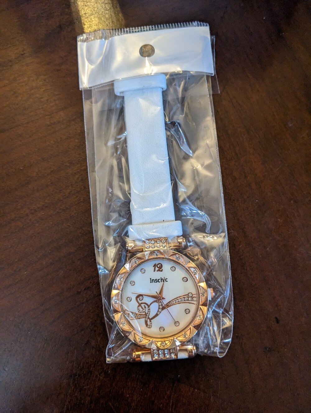 Inschic White Faux Leather Watch Rose Gold Tone Crystal Heart Dial, TM2-B1A